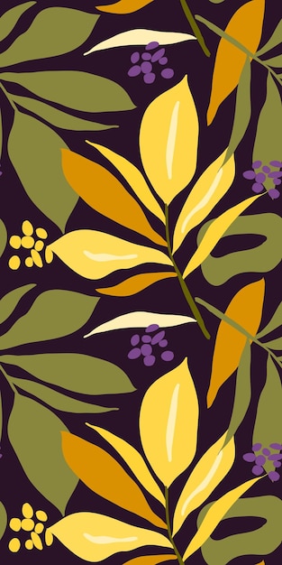 Patrón textil sin costuras de follaje tropical con diseño de hojas y bayas