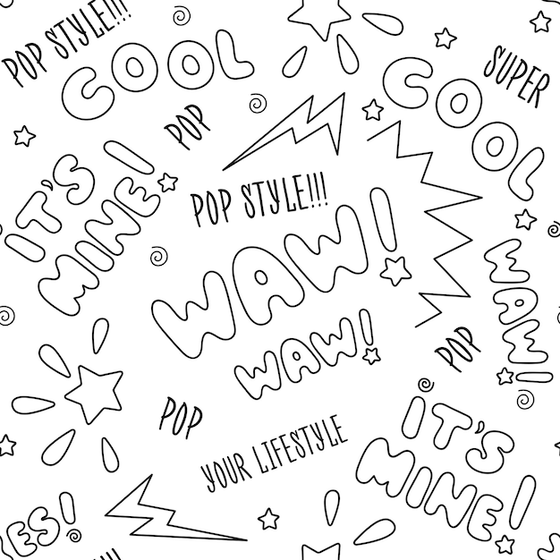 patrón de texto vectorial sin costuras en blanco y negro dibujo de esquema dibujo de ilustración de moda dibujo de estilo moderno para ropa dibujo para niños ropa camisetas textiles y telas