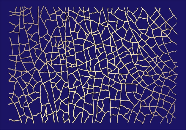 Patrón de textura agrietada dorada sobre fondo azul oscuro Estilo de arte japonés Kintsugi Tendencia ecológica de reciclaje Efecto de cerámica de craquelado de oro grunge Diseño de decoración textil moderno Vector