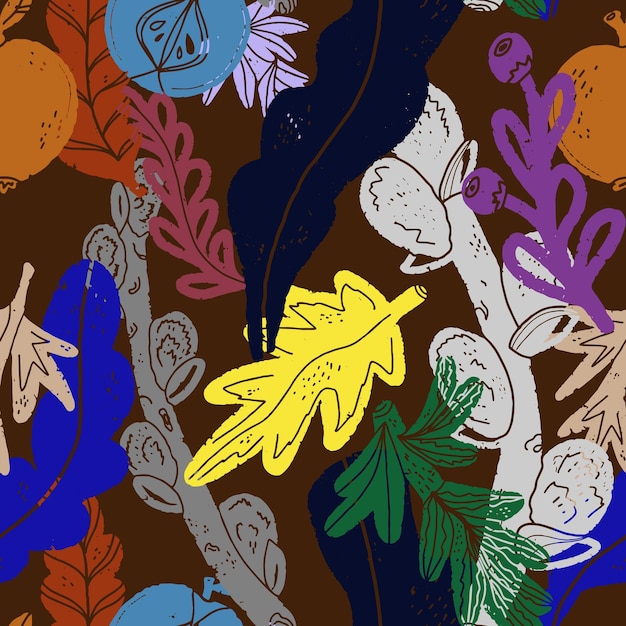 Patrón de textura de color de la planta hojas ramas frutas estilo escandinavo tallado de lino minimalismo patrón superpuesto vectorial