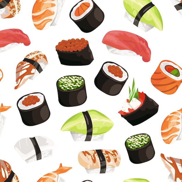 Patrón de tipos de sushi de dibujos animados