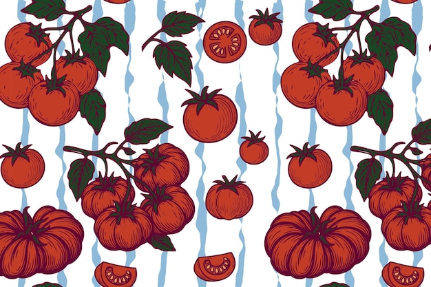 Patrón de tomate sin costuras con tomates rojos dibujados a mano hojas verdes y rayas onduladas azules claras en un
