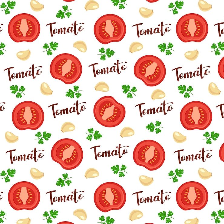 patrón de tomates con ajo y perejil sobre un fondo blanco. Alimentos. Diseño para el menú