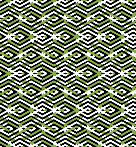 Patrón transparente abstracto verde con líneas entrelazadas. Fondo de pantalla de adorno vectorial. Fondo decorativo sin fin, tracería geométrica de efectos visuales con rombos.