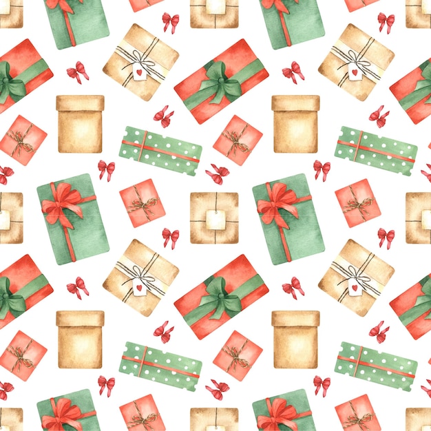 Vector patrón transparente de acuarela de navidad con cajas de regalo y arcos.
