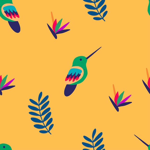 Vector patrón transparente amarillo con aves y plantas exóticas diseño para papel tapiz de tela textil y deco