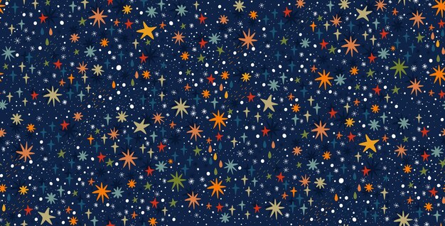 Patrón transparente azul oscuro con estrellas de colores Cielo nocturno dibujado a mano ilustración vectorial