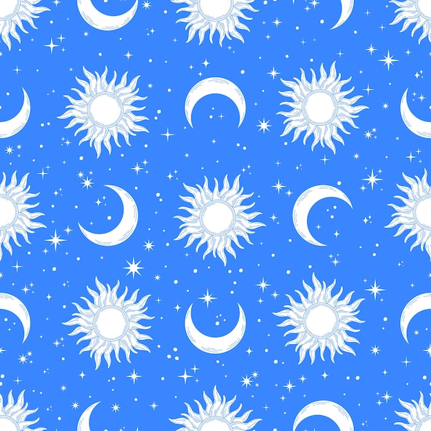 Patrón transparente azul con sol y luna