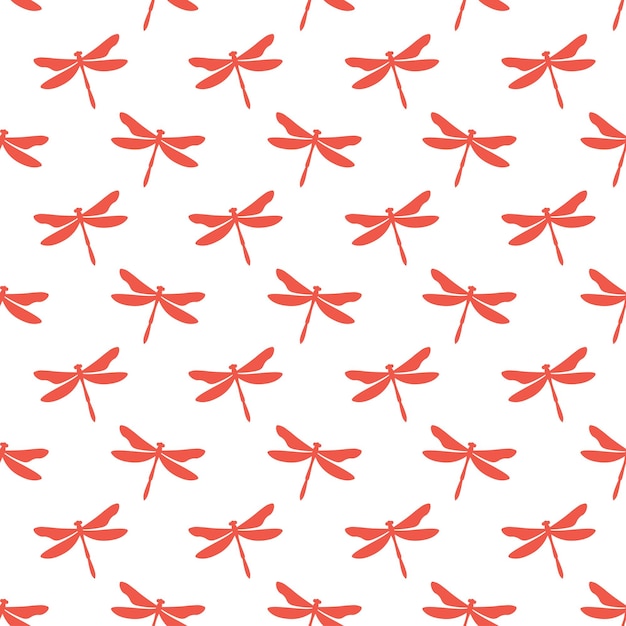 Patrón transparente blanco con libélulas rojas. Diseño lindo e infantil para tela, textil.