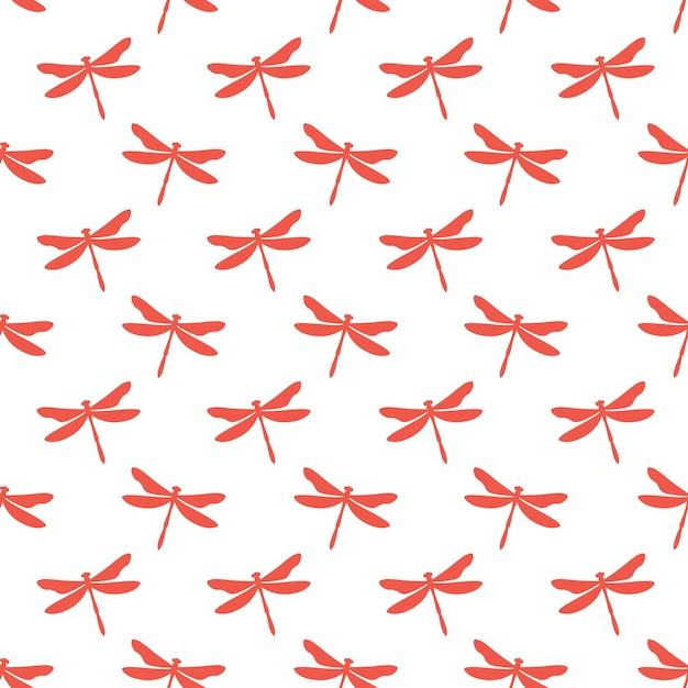 Patrón transparente blanco con libélulas rojas. Diseño lindo e infantil para tela, textil.