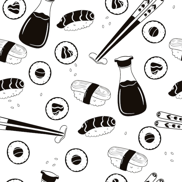 Patrón transparente blanco y negro con gráficos vectoriales de sushi