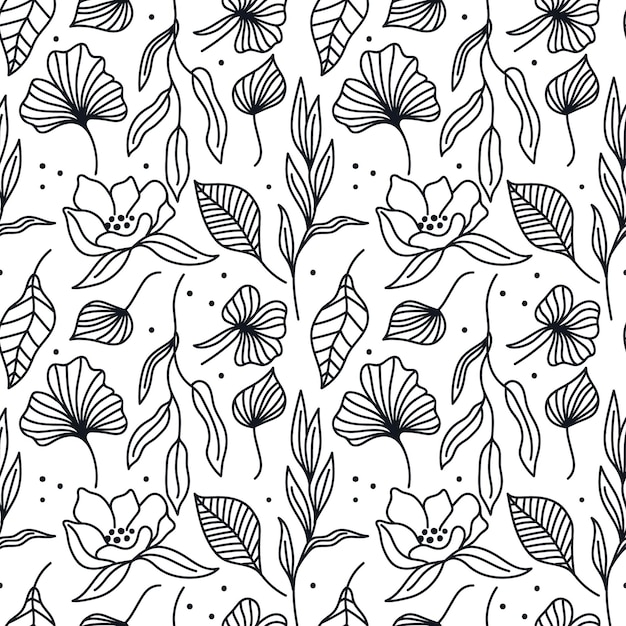 Patrón transparente blanco y negro con hojas flores Textura floral con arte de línea botánica simple