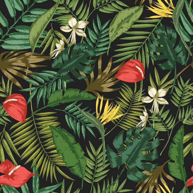 Patrón transparente botánico con follaje de plantas exóticas de la selva sobre fondo negro. telón de fondo con hojas de palmeras tropicales. ilustración de vector de papel de envolver, impresión textil, papel tapiz.