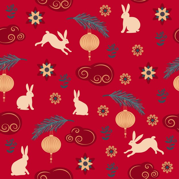 Patrón transparente brillante fondo rojo liebres nubes flores año nuevo chino vector dibujado a mano