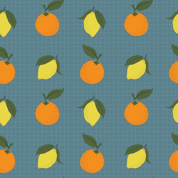 Patrón transparente brillante de frutas de naranja y limón sobre fondo verde azulado texturizado Diseño de superficie de estilo campestre ingenuo para textiles de cocina, envasado de alimentos y productos para niños