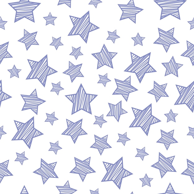 Un patrón transparente brillante con la imagen de estrellas azules sombreadas, tamaños grandes y pequeños. Impresión infantil para imprimir. Ilustración de vector sobre fondo blanco.