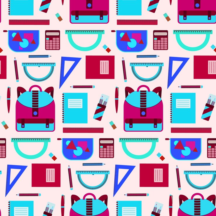 Vector patrón transparente brillante con material escolar en colores azul y rosa