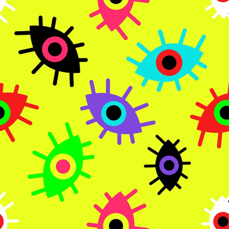 Vector patrón transparente brillante de ojos abstractos en una ilustración de vector de fondo amarillo