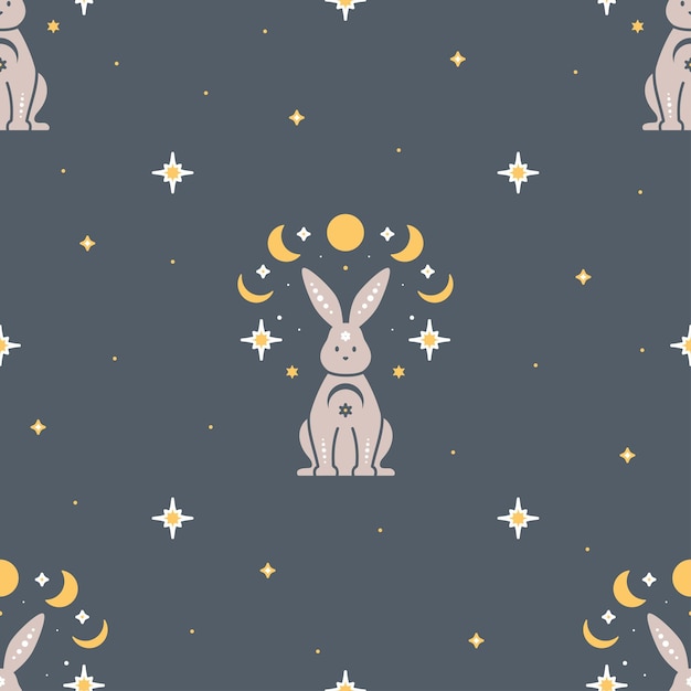 Patrón transparente celestial de moda con conejos Fondo mágico boho con elementos espaciales