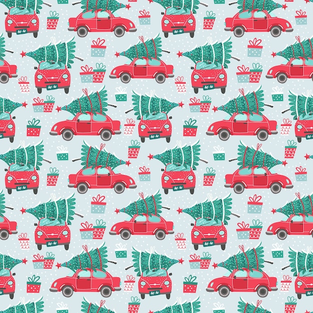 patrón transparente con coche rojo y árbol de Navidad. Cuadro navideño. Pastilla roja.