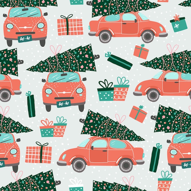 patrón transparente con coche rojo y árbol de Navidad. Navidad. Pastilla roja. Año nuevo