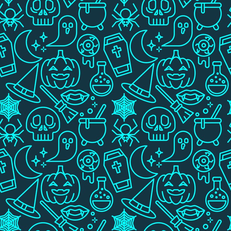 Vector patrón transparente de color neón de halloween para papel tapiz, papel de regalo, estampados de moda, tela, diseño.