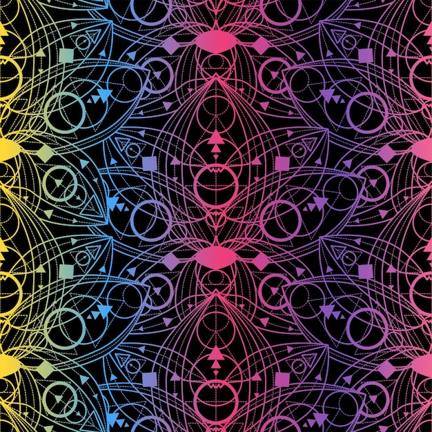 Patrón transparente de colores con contorno de flores de loto sobre fondo negro. Ornamento lineal geométrico de lujo hermoso telón de fondo. Dorado de flores de loto. Ilustración de vector vintage plantilla
