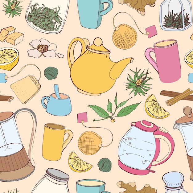 Patrón transparente de colores con herramientas dibujadas a mano para preparar y beber té - tetera eléctrica, prensa francesa, tetera, taza, taza, azúcar, limón, hierbas y especias. Ilustración para impresión de tela.