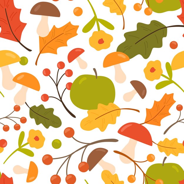 Patrón transparente de colores con hojas de roble, champiñones, manzanas, bayas. Fondo natural sin fin con follaje otoñal y flores. Fondo de otoño repetible. Ilustración de dibujos animados de vector plano.