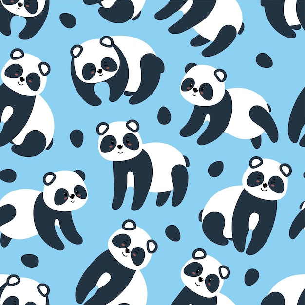 Patrón transparente de colores con lindos pandas para papel textil y tela sobre fondo azul