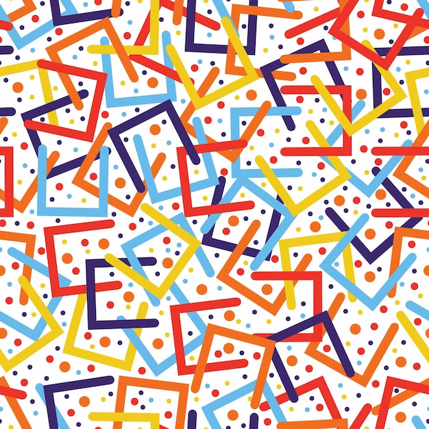 Patrón transparente de colores Puntos de círculos y medios cuadrados estilizados Fondo de forma de garabato de línea colorida divertida