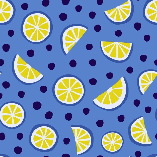 Patrón transparente de colores con rodajas de limón sobre fondo azul Patrón de repetición vectorial