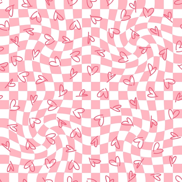 Patrón transparente a cuadros trippy con corazones simples Fondo de amor dulce con cuadrados distorsionados Ilustración de vector de garabato funky para decoración y diseño