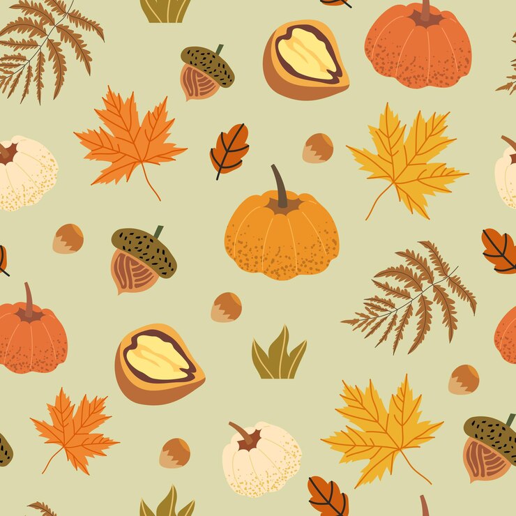 Patrón transparente decorado con elementos florales como nuez, bellota, hojas de arce, calabaza, setas y helechos. Ilustraciones de la cosecha de otoño que se pueden utilizar como impresión textil, tela, papel de regalo.