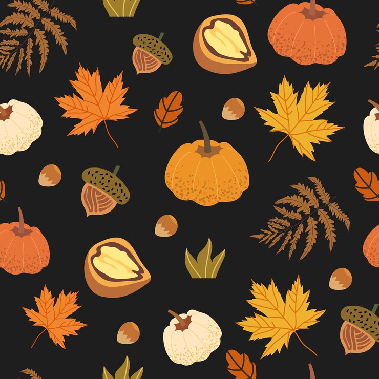 Patrón transparente decorado con elementos florales como nuez, bellota, hojas de arce, calabaza, setas y helechos. Ilustraciones de la cosecha de otoño que se pueden utilizar como impresión textil, tela, papel de regalo.