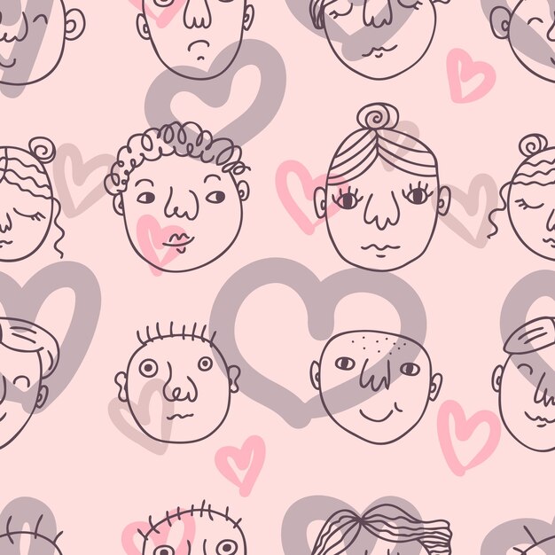 Patrón transparente dibujado a mano con caras y corazones de la gente Perfecto para camiseta textil e impresión Doodle vector ilustración para decoración y diseño