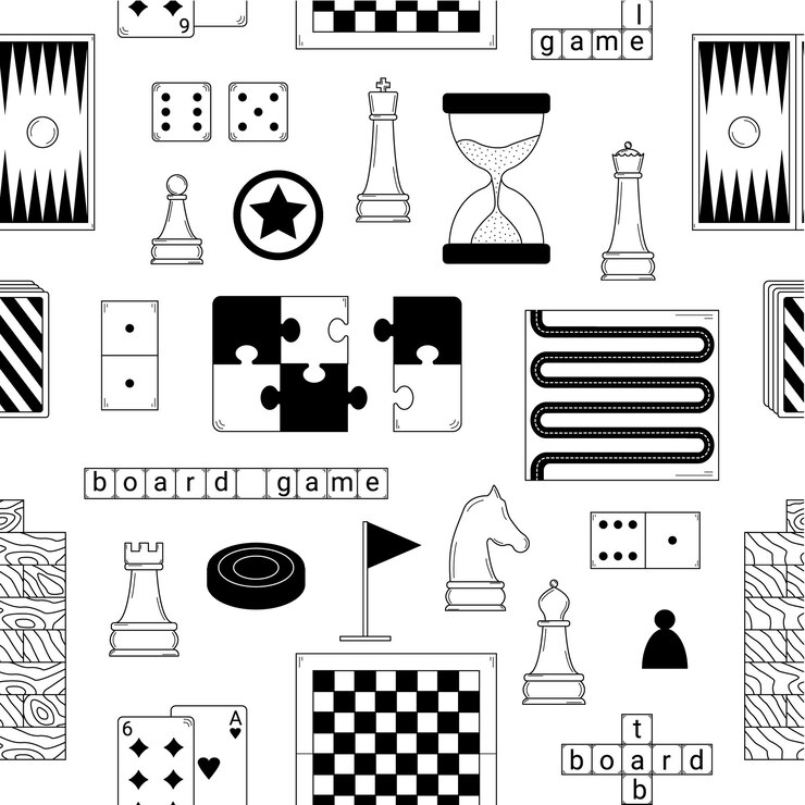 Vector patrón transparente dibujado a mano con elementos de diferentes juegos de mesa estilo doodle scetch vector