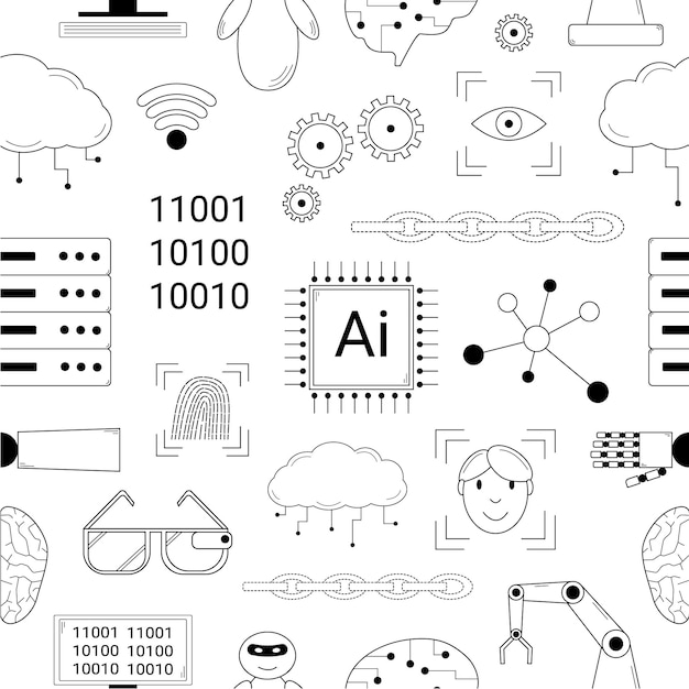 Patrón transparente dibujado a mano con elementos que representan el vector de estilo de doodle de inteligencia artificial