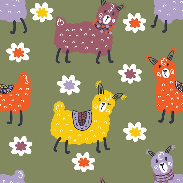 Patrón transparente dibujado a mano de lamas y flores Perfecto para camiseta textil e impresión Doodle vector ilustración para decoración y diseño