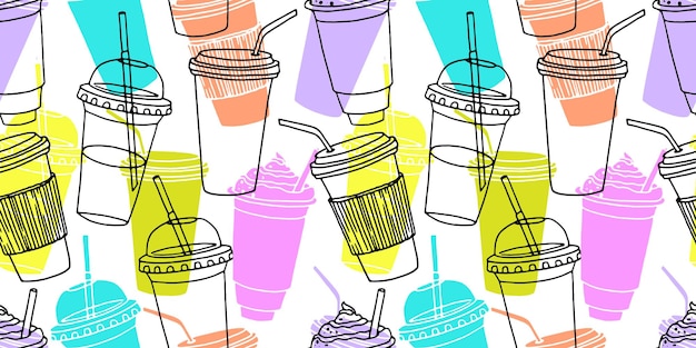 Patrón transparente dibujado a mano con tazas de café de varias formas con pajitas Fondo divertido brillante