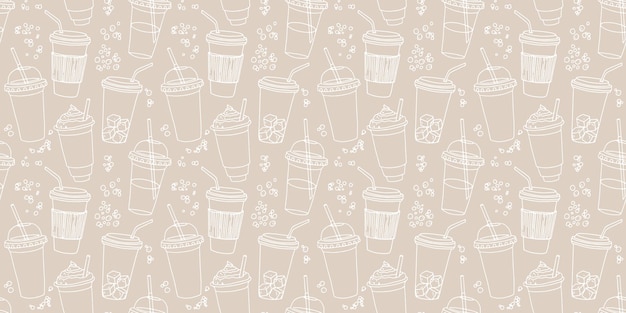 Patrón transparente dibujado a mano con tazas de café de varias formas con pajitas Fondo divertido lineal beige y blanco