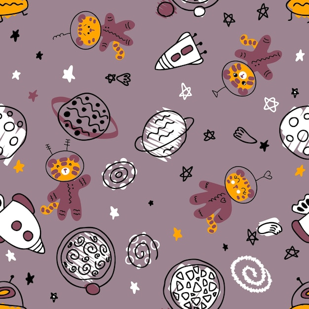 Patrón transparente dibujado a mano con tigres de astronautas en el espacio Perfecto para textiles de camiseta e impresión Ilustración de vector de Doodle para decoración y diseño