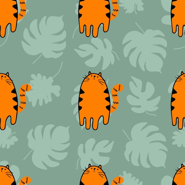 Patrón transparente dibujado a mano con tigres y hojas tropicales perfecto para textiles de camiseta y estampados ilustración de vector de doodle para decoración y diseño