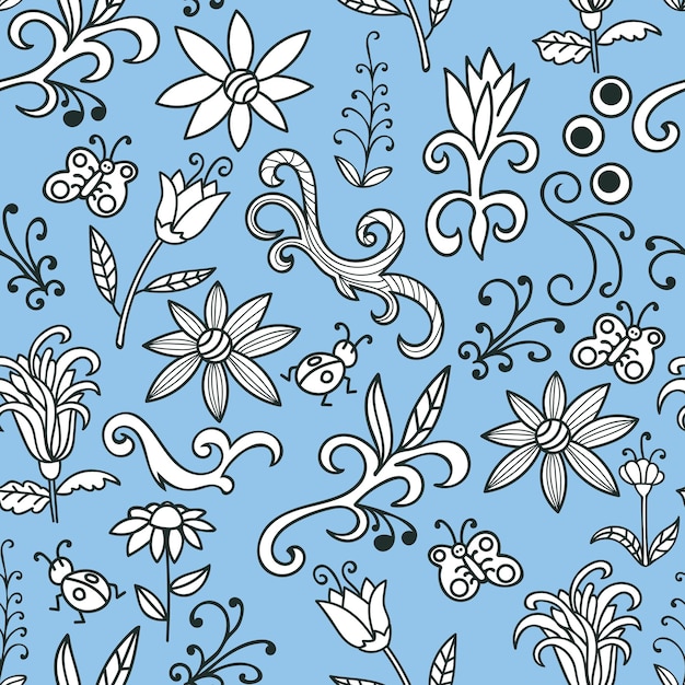 Vector patrón transparente de doodle floral azul con flores, remolinos, insectos, mariposa. botánico inconsútil