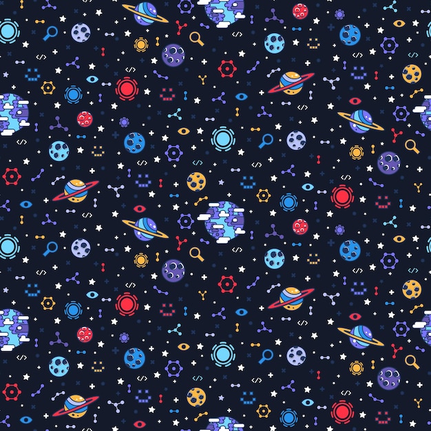 Vector patrón transparente de espacio abierto oscuro brillante con asteroide planeta y cometa de constelación y estrella satélite lunar adorno para imprimir en cubierta de tela y embalaje fondo de vector de dibujos animados