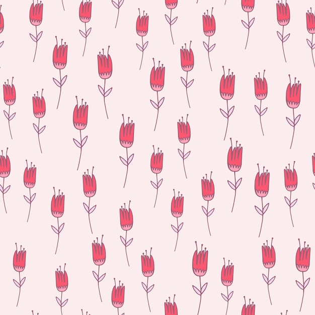 Patrón transparente de flor de tulipán de contorno rosa. Adorno floral con contorno morado sobre fondo blanco. ed para papel tapiz, textil, papel de regalo, estampado de tela. ilustración.