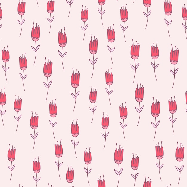 Vector patrón transparente de flor de tulipán de contorno rosa. adorno floral con contorno morado sobre fondo blanco. ed para papel tapiz, textil, papel de regalo, estampado de tela. ilustración.