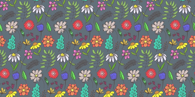Patrón transparente floral doodle oscuro con flores y hojas de colores de contraste