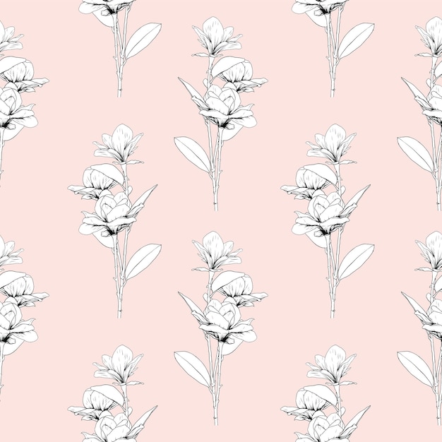 Patrón transparente floral con flores de magnolia sobre fondo rosa pastel