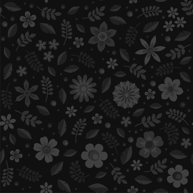 Patrón transparente floral monocromo sobre fondo negro. Ilustración vectorial